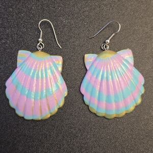 Pastel Shell Drop Earrings - Pink, Teal, Gold, Handmade